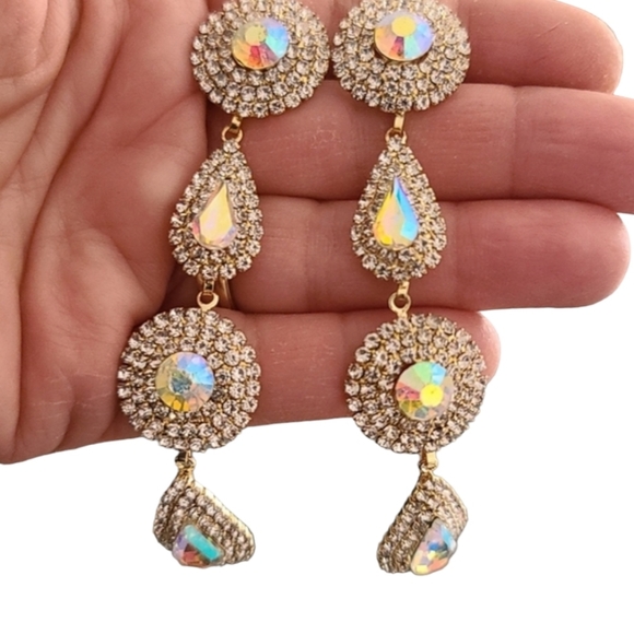 AURORA BOREALIS CZ Gold Teardrop Discs Statement Earrings Evening Wedding - Picture 3 of 12